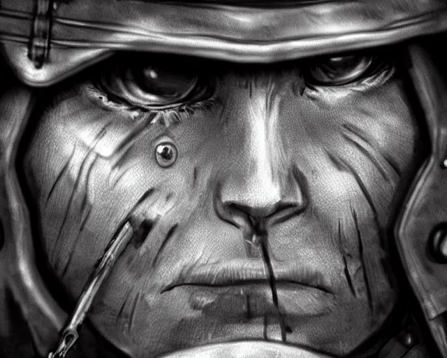 Image similar to A soldier with a hateful face aiming a machine gun towards a cat, world war 1, close-up, realistic face, beautiful face detail, mature facial features, black and white, amazing digital art, hyper detailed, artstation, in the style of Tony Sart