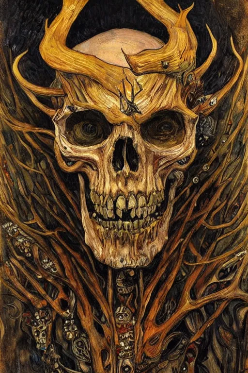 Image similar to The King of Bones by Karol Bak, Jean Deville, Gustav Klimt, and Vincent Van Gogh, portrait of a majestic demonic undead king, undead, lich lord, eyes on fire, fire in eyes, mystic eye, otherworldly, crown made of bones, antlers, horns, ornate jeweled crown, skull, fractal structures, arcane, inferno, inscribed runes, infernal relics, ornate gilded medieval icon, third eye, spirals, rich deep moody colors