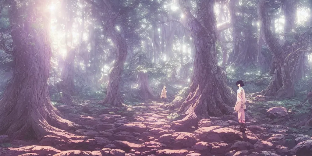 Image similar to ancient forest, art by makoto shinkai and alan bean, yukito kishiro