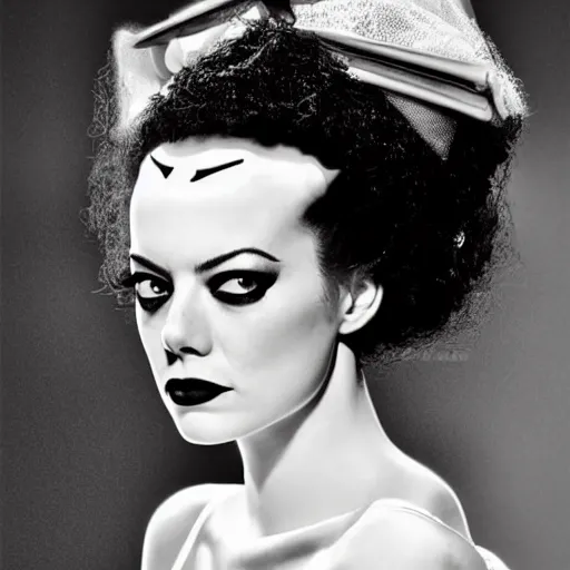 Image similar to emma stone as the bride of frankenstein, black and white