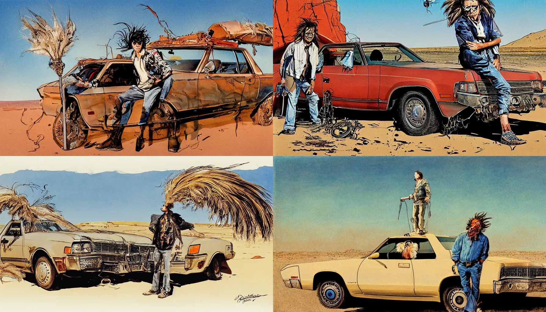 Prompt: ralph steadman illustration of a young man with a feathered mullet and a dangle earring, standing in front of an old el camino car, desert landscape, panting, film grain, surreal