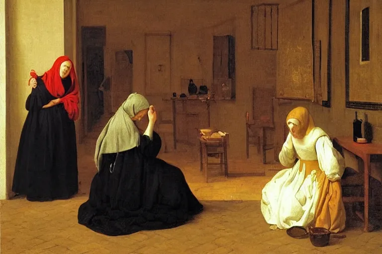 Image similar to 3 women mourning, pieter de hooch, ary scheffer