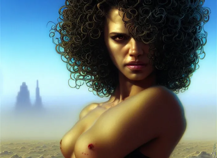 Image similar to a curly - haired persian cyborg in a sunny deserted los angeles, digital painting, artstation, concept art, sharp focus, illustration, art by artgerm, bob eggleton, michael whelan, stephen hickman, richard corben, wayne barlowe, greg rutkowski, alphonse mucha, 8 k