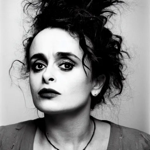 Prompt: photo of Helena Bonham Carter by Diane Arbus, black and white, high contrast, Rolleiflex, 55mm f/4 lens