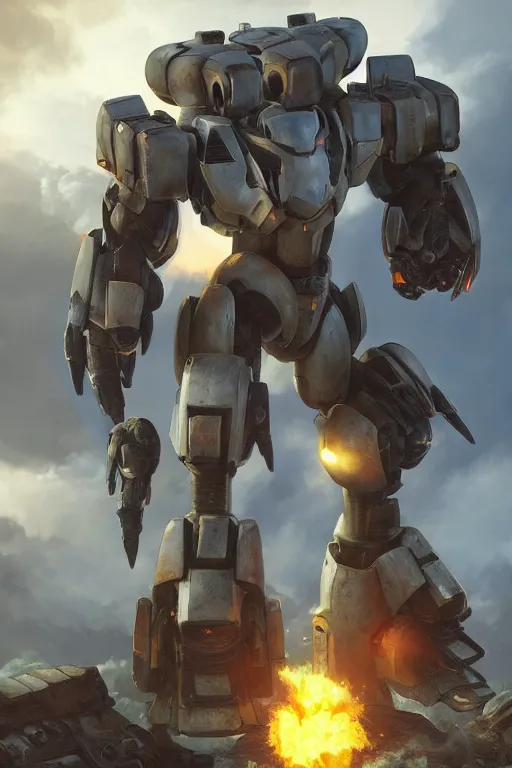 Image similar to mechwarrior 5 : mercenaries mech megaman transformer robot boss tank engine game octane render, 4 k, hd 2 0 2 2 3 d cgi rtx hdr style chrome reflexion glow fanart, global illumination ray tracing hdr fanart arstation by ian pesty by jesper ejsing pixar and disney unreal zbrush central hardmesh