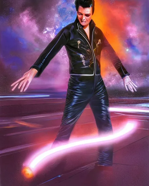 Image similar to a powerful energy elvis presley, by alexander fedosav, hyper detailed digital matte painting, concept art, hyperrealism, 1 6 k resolution, cinema 4 d, 8 k resolution, trending on artstation, behance hd, a masterpiece, by stephan martiniere, particles, cel - shaded, power bright neon energy, by david a. hardy,