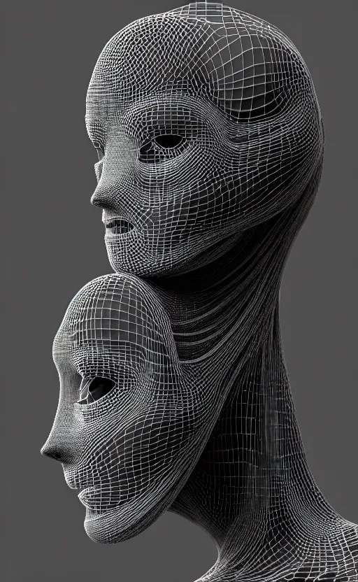 Image similar to black and white complex 3d render of a beautiful profile woman face, vegetal dragon cyborg, 150 mm, magnolia stems, roots, fine lace, maze like, mandelbot fractal, anatomical, facial muscles, cable wires, microchip, elegant, highly detailed, black metalic carbon armour, rim light, octane render, H.R. Giger style