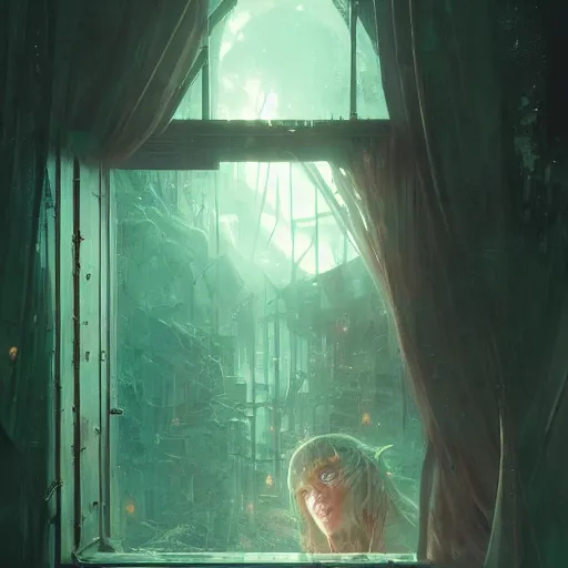 Image similar to green eyes looking through the window in darkness, horror, by greg rutkowski, wlop and lisa frank, illustration, fantasy, hyper detailed, unreal engine, sharp focus, ray tracing