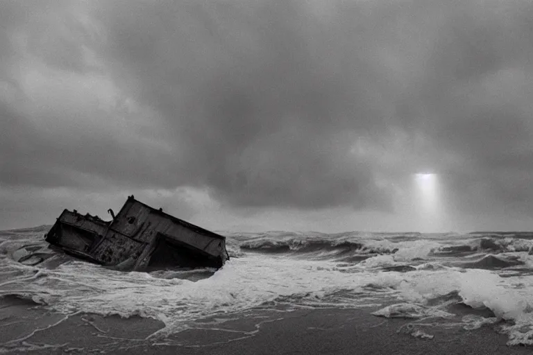 Prompt: danila tkachenko, low key lighting, a ship wreck near an abandoned high soviet apartment building in the middle of the stormy ocean, storm, lighning storm, crashing waves, dramatic lighting