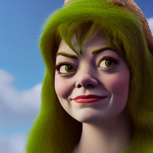 Image similar to Emma Stone as a female Shrek, Shrek features, fully detailed, high quality , 4k , octane render , soft lightening , masterpiece