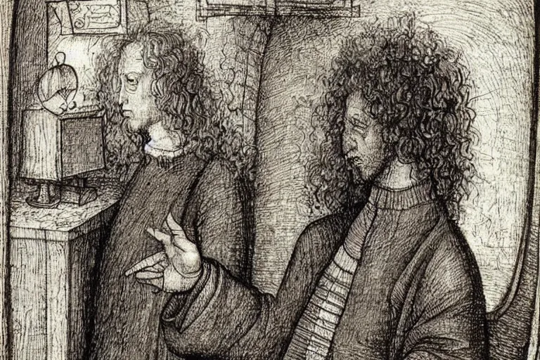 Prompt: ! dream an annoyed curly - haired persian guy programmer by leonardo davinci, hieronymous bosch, mc escher