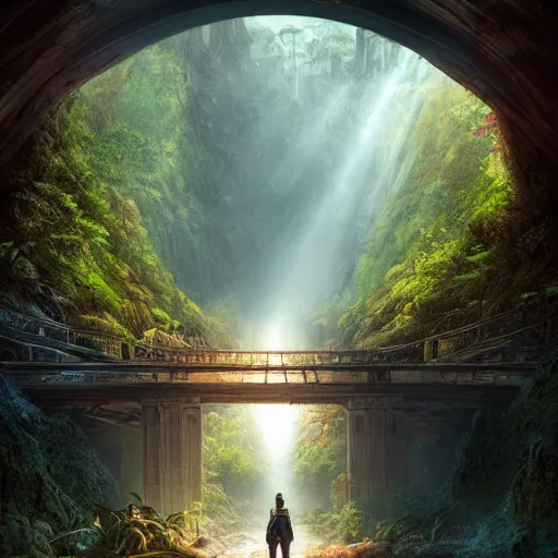 Image similar to paradise at the end of the tunnel concept art by Doug Chiang cinematic, realistic painting, high definition, digital art, symmetrical, very detailed, extremely high detail, photo realistic, concept art, unreal engine 5, album cover,