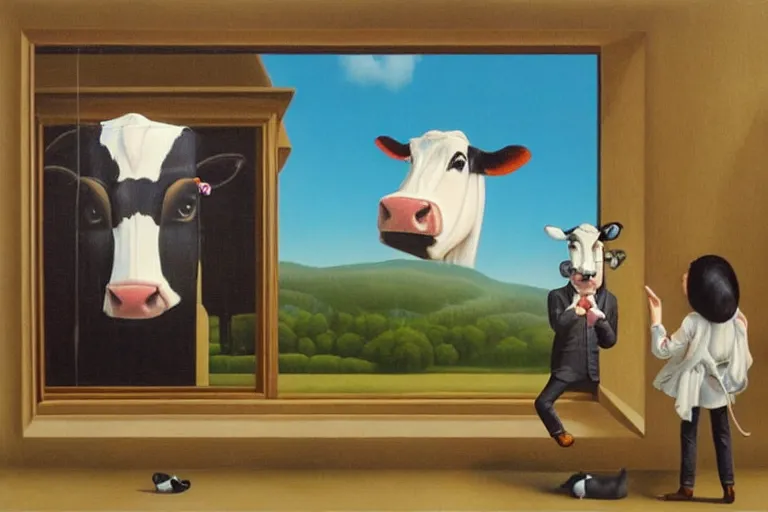 Image similar to 'Wherever you go, a cow is always watching you', lowbrow painting by Mark Ryden and René Magritte