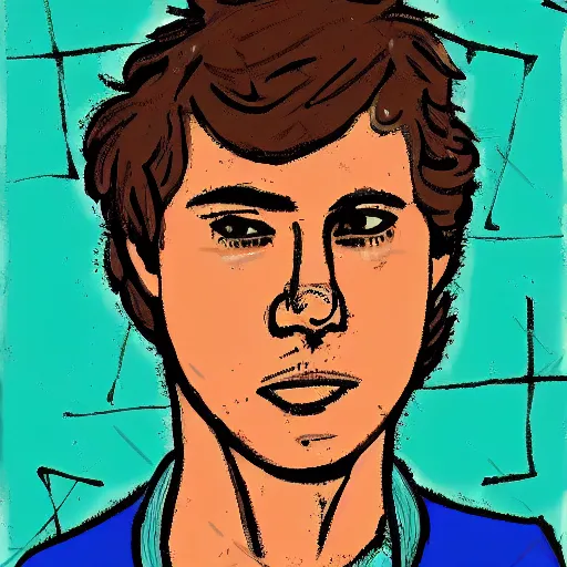 Image similar to a head - on comic - style colorful portrait of a 2 0 - something engineering student, brown messy hair, by laurie greasly