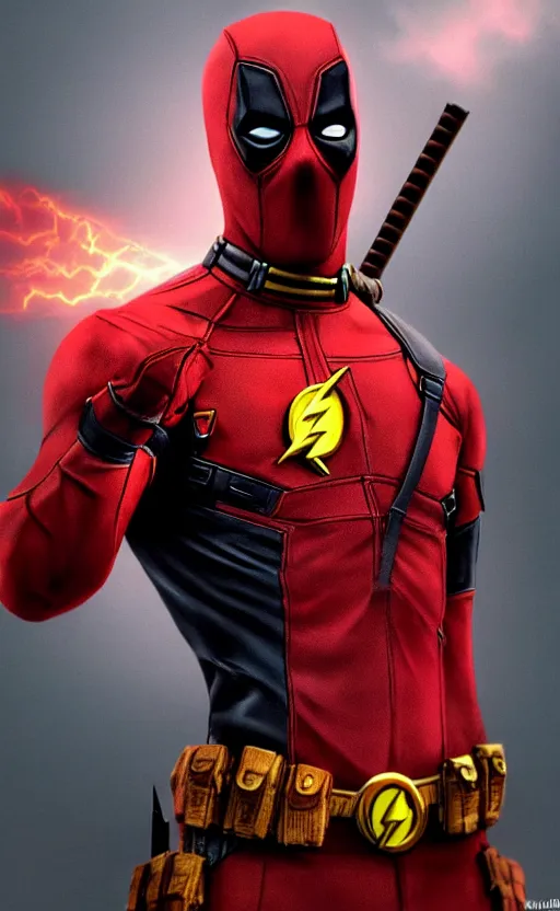 Image similar to deadpool as the flash, dynamic lighting, photorealistic fantasy concept art, trending on art station, stunning visuals, terrifying, creative, cinematic