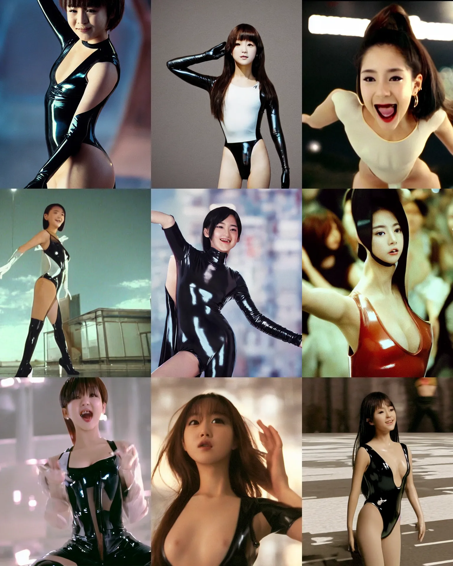 Image similar to Worksafe,clothed.1990s,unbelievably beautiful,perfect,dynamic,epic,cinematic movie shot of a close-up beautiful cute young J-Pop idol actress girl in latex leotard,expressing joy.By a Iranian movie director.Motion,VFX,Inspirational arthouse,high budget,hollywood style,at Behance,at Netflix,Instagram filters,Photoshop,Adobe Lightroom,Adobe After Effects,taken with polaroid kodak portra