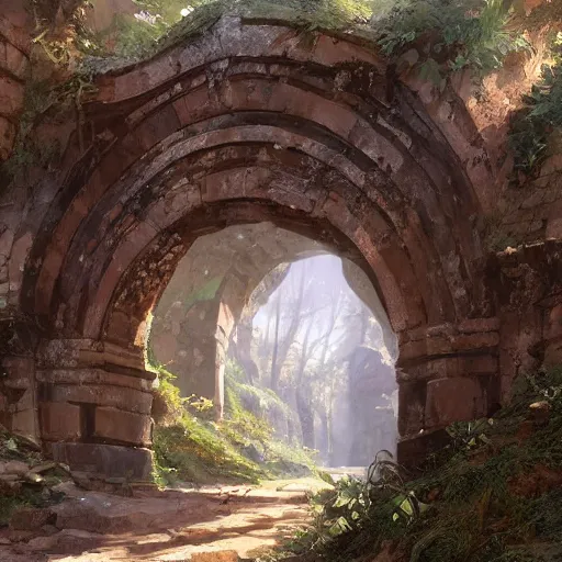 Image similar to concept art painting of an ornate ancient stone archway, in the woods, realistic, detailed, cel shaded, in the style of makoto shinkai and greg rutkowski and james gurney