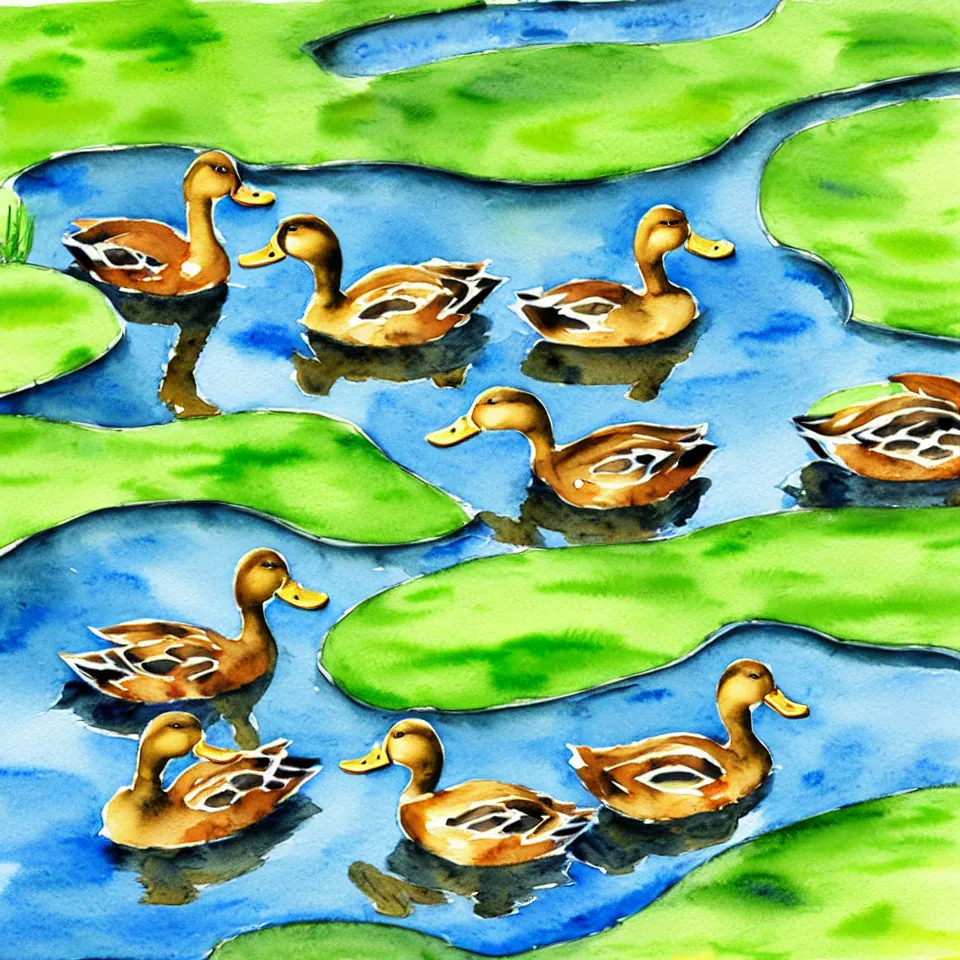 Image similar to watercolor of 3 ducks and 1 frog having a conversation on the side of a pond,