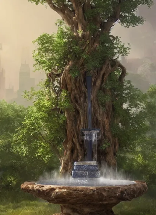 Image similar to a water fountain made out of a tree, concept art by Doug Chiang cinematic, realistic painting, high definition, digital art, symmetrical, very detailed, extremely high detail, photo realistic, concept art, unreal engine 5,