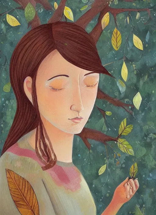 Image similar to a wonderful childrens illustration book portrait painting of a woman with serene emotion, art by tracie grimwood, forest, trees, many leaves, birds, whimsical, aesthetically pleasing and harmonious natural colors