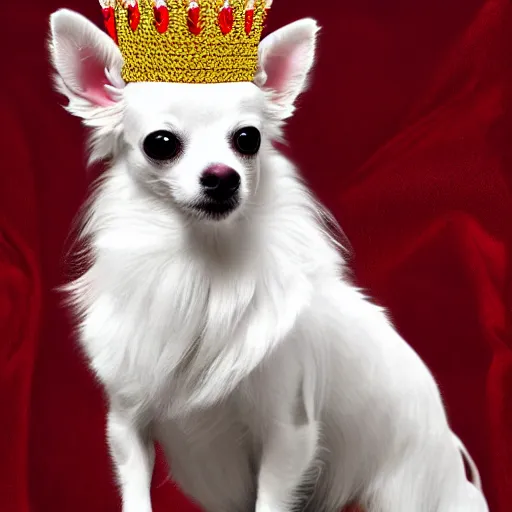 Prompt: long hair white chihuahua king wearing a red and gold crown cinematic composition, digital art, cute