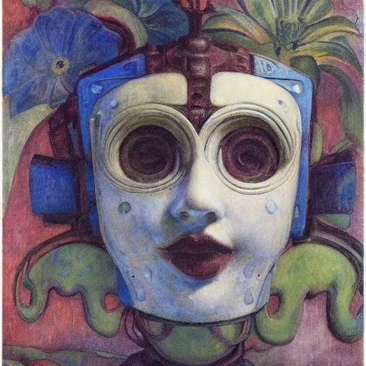 Image similar to the robot in her floral mask, by Annie Swynnerton and Diego Rivera, symbolist, dramatic lighting, elaborate geometric ornament, Art Brut ,god rays, soft cool colors,smooth, sharp focus, extremely detailed, Adolf Wölfli