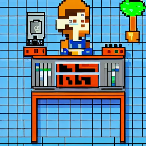 Image similar to pixel art of programmer in front of his computer station, pixel art, detailed, ideal symmetry, perfect pixel alignment, 8 k,