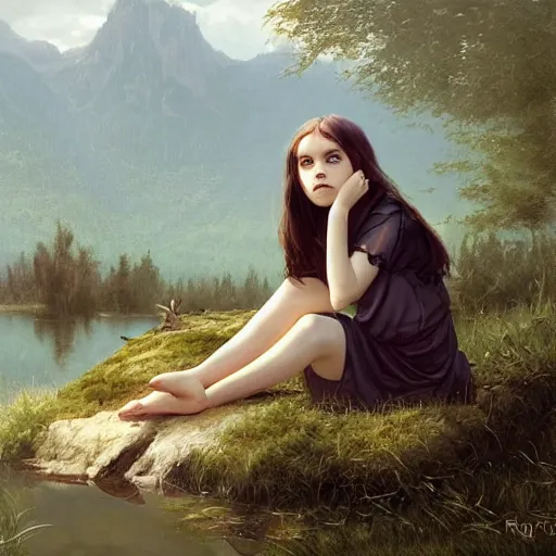 Prompt: Cute young Harpy, wearing medieval clothes, sad expression, sitting at a pond, mountainous area, trees in the background, oil painting, by Greg Rutkowski