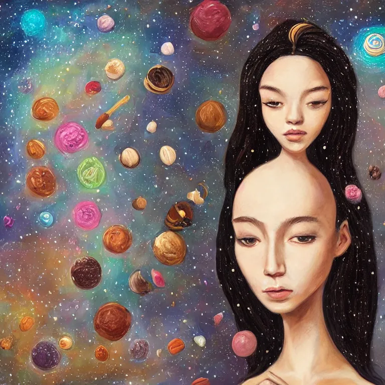 Image similar to a beautiful portrait of a singular girl on whose head a space and cosmic places like ganache, planets like a whipped frosting or filling made with semisweet chocolate and cream, used for cakes, pastries, and candies, highly detailed, fantasy art, art work