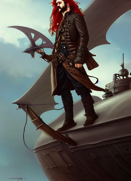 Image similar to male airship pirate, D&D, handsome, side profile, fantasy, intricate, long hair, leather coat, airship, steampunk, red hair, elegant, highly detailed, digital painting, artstation, concept art, smooth, sharp focus, illustration, art by artgerm and greg rutkowski and alphonse mucha