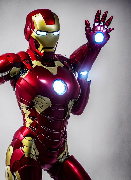 Image similar to portrait of lindsey pelas as iron man, by francis giancobetti, natural light, detailed face, canon eos c 3 0 0, ƒ 1. 8, 3 5 mm, 8 k, medium - format print, full body shot