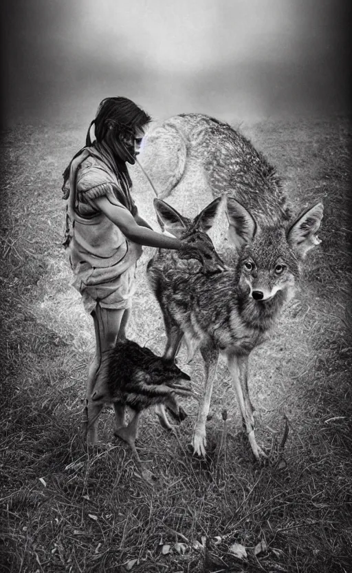 Image similar to Award winning Editorial photo of a Iroquois Native petting a wild coyote by Edward Sherriff Curtis and Lee Jeffries, 85mm ND 5, perfect lighting, gelatin silver process