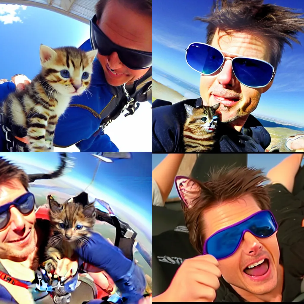 Prompt: Tom Cruise sky diving with a cute kitten, wearing sunglasses, photorealistic