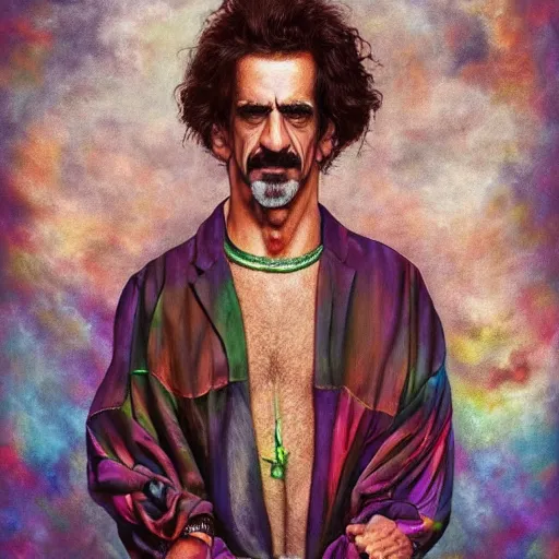 Image similar to minimalism frank zappa ornate background, beautiful fantasy detailed trending on artstation, oil painting, dramatic lighting, eterea, high quality print, fine art with subtle redshift rendering