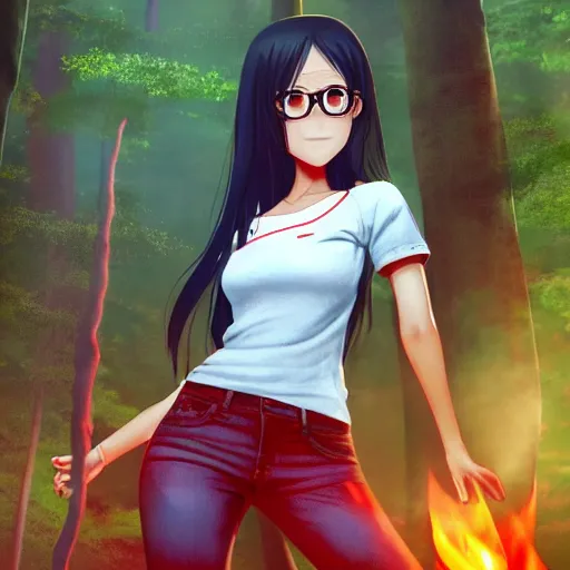 Image similar to nagatoro using white and red tight raglan sleeves, tight blue jeans and cool shoes in a tropical forest, epic fire ombre hair, artstation, 3 d ray tracing, lumen octane render flawless masterpiece