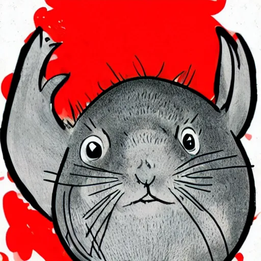 Prompt: a pen and ink drawing of a happy chinchilla excitedly holding aloft a bottle of hot sauce