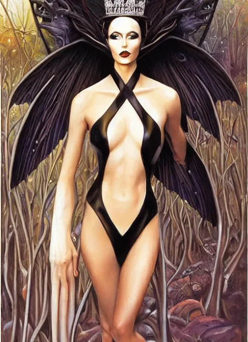 Image similar to slender sylph queen, black iron crown, diamond shimmering dress, strong line, deep color, forest, beautiful! coherent! by boris vallejo, by brom