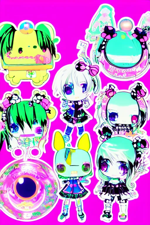 Image similar to cybergoth decora glitchcore yokai girl, sanrio tamagotchi moe ornaments, pastel cute cinematography