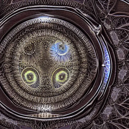 Image similar to An intricate and detailled illustration Close-up of intricate fractal mandelbulb made of a contraption and eyes, rendered in Cinema4D, Trending on art station :: intricate detail, highly detailed :: Eldritch