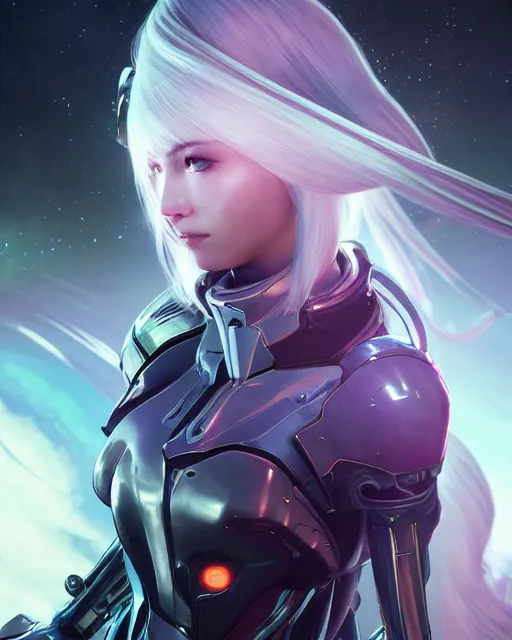 Image similar to perfect android girl on a mothership, warframe armor, beautiful face, scifi, futuristic, galaxy, nebula, raytracing, dreamy, long white hair, blue cyborg eyes, sharp focus, cinematic lighting, highly detailed, artstation, divine, by gauthier leblanc, kazuya takahashi, huifeng huang