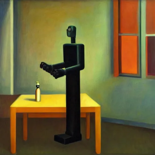 Image similar to judgemental robot butler, dystopian, pj crook, edward hopper, oil on canvas