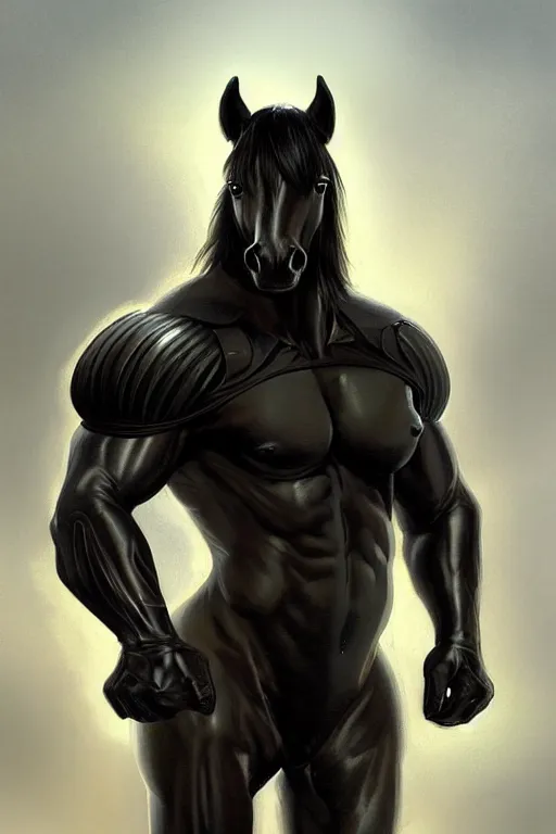 Prompt: an enormously muscular black - coated anthro horse at a research facility wearing skintight body armor, highly detailed, digital painting, artstation, concept art, illustration, art by artgerm, greg rutkowski, wlop