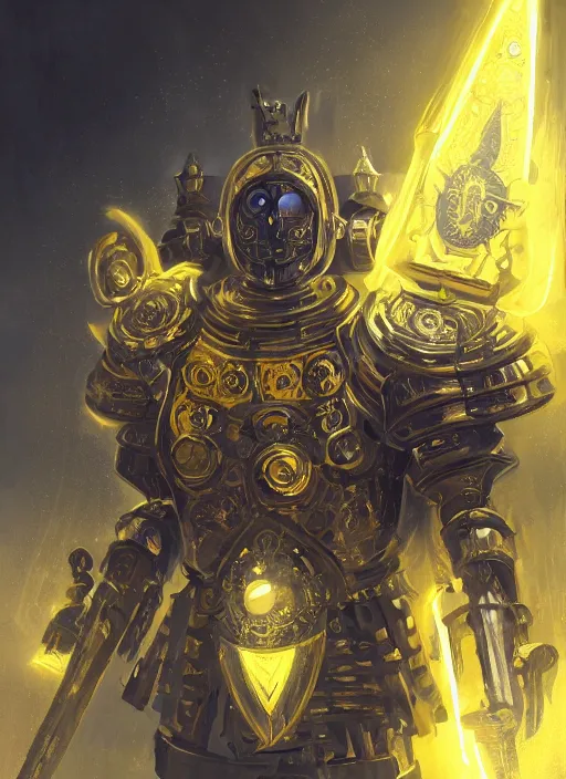 Image similar to full body, attack position abstract portrait of a intricate ornate holy mechanical warforged with circular glowing eye, character in yellow armor holding a legendary paladin engraved great longsword drawn and carrying a huge heavy paladin shield, vertically flat head, face in focus, epic , trending on ArtStation, masterpiece, cinematic lighting, by Ross Tran and by Greg Rutkowski