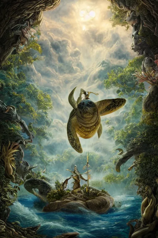 Image similar to A fantasy book style portrait painting of the Great Turtle Island at the center of the Universe, accompanied by a hybrid, Anya_Taylor-Joy, Cory Chase, Eva Green, as a Mystical Valkyrie, Anubis-Reptilian, Atlantean Warrior, François Boucher, Oil Painting, unreal 5, DAZ, hyperrealistic, octane render, Regal, Refined, Detailed Digital Art, RPG portrait, Walt Disney (1937), William-Adolphe Bouguereau, Michael Cheval, Steampunk, Volumetric Golden dappled dynamic lighting, Highly Detailed, Cinematic Lighting, Unreal Engine, 8k, HD