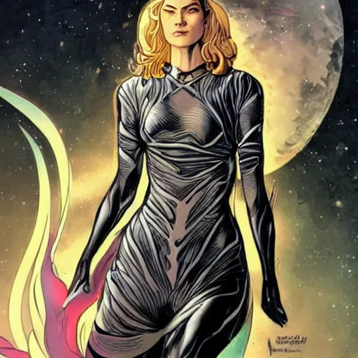 Prompt: Rosamund Pike as a quirky futuristic space witch, intricate, elegant, highly detailed, smooth, sharp focus, detailed face, high contrast, dramatic lighting, graphic novel, art by Ardian Syaf and Pepe Larraz,