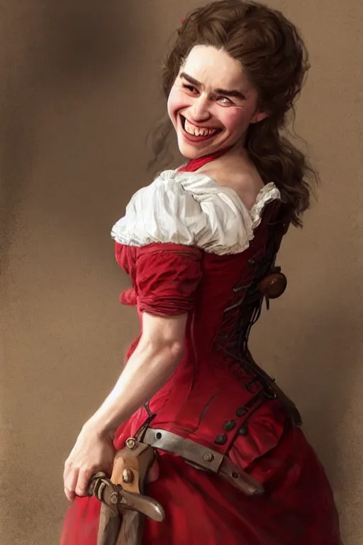 Image similar to Emilia Clarke smiling warmly in a 1800s American Corset in Red Dead Redemption anatomy, only two hands, highly detailed, digital painting, artstation, concept art, smooth, sharp focus, illustration, Unreal Engine 5, 8K, art by art by artgerm and greg rutkowski and edgar maxence