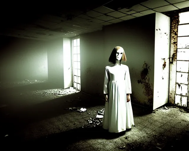 Image similar to creepy woman wearing white dress standing in the backrooms, psychological horror, the eerie forlorn atmosphere of a place that's usually bustling with people but is now abandoned and quiet, buzzing fluorescent lights above the ceiling, unsettling images, liminal space, dark