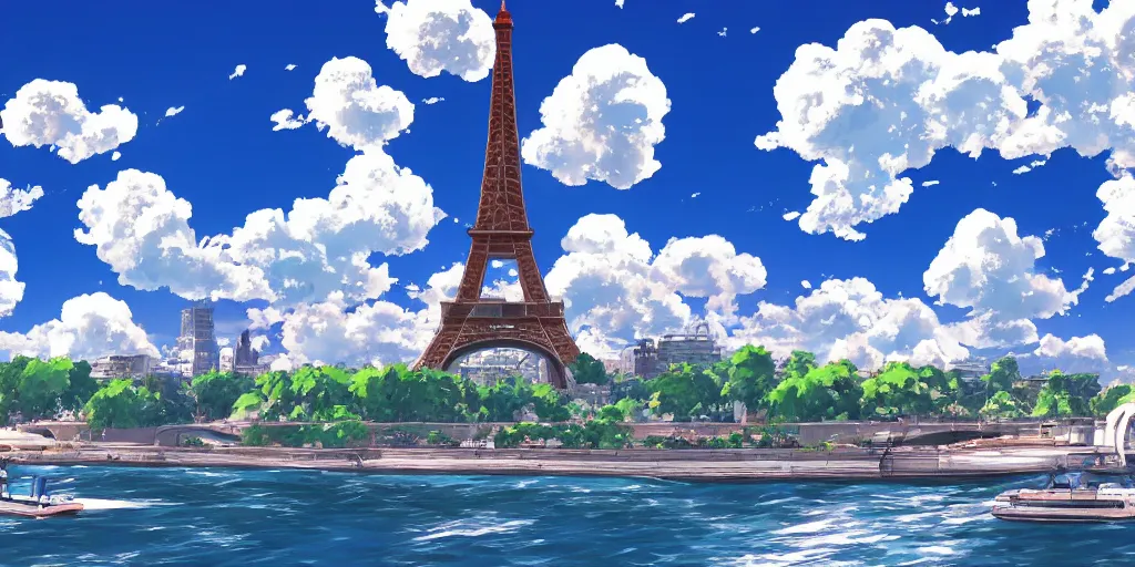 Image similar to a view on eiffel tower from seine with amazing clouds and blue sky, in the style of makoto shinkai anime and studio ghibli anime, colorful, romantic, 4 k resolution, artstation, pixiv, anime background,