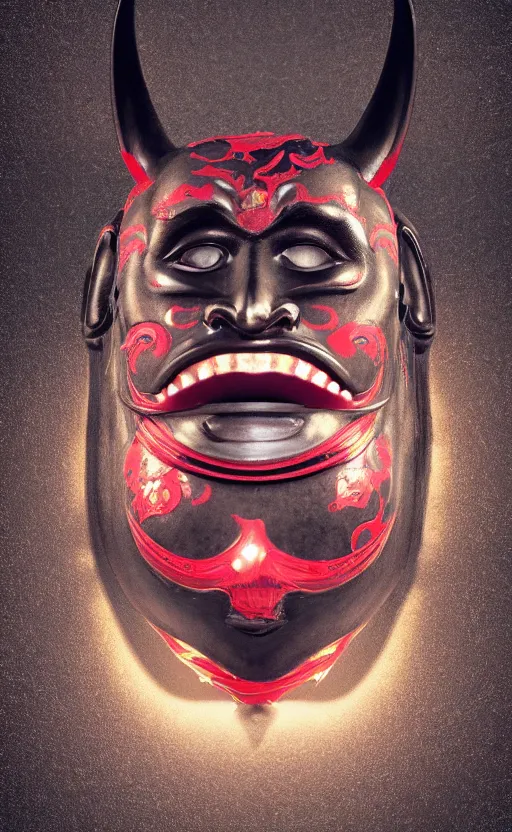 Image similar to a black hannya (般若) mask, kintsugi, dramatic angle, ornate, details, smooth, sharp focus, illustration, realistic, cinematic, artstation, award winning, rgb , unreal engine, octane render, cinematic light, macro, depth of field, blur, red light, 8K,