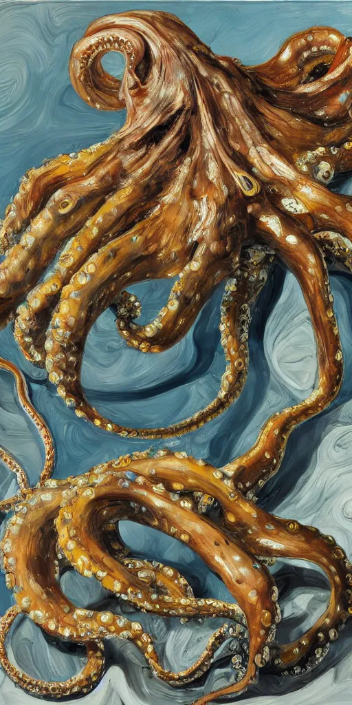 Image similar to high quality high detail painting of an octopus by lucian freud and jenny saville, hd, golden, turquoise